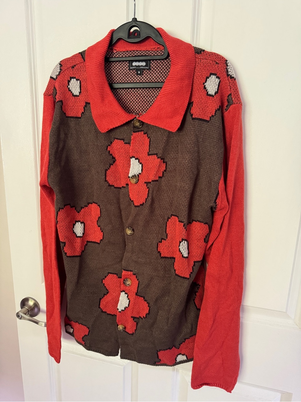 Floral Button-Up Sweater Cardigan - Red & Brown